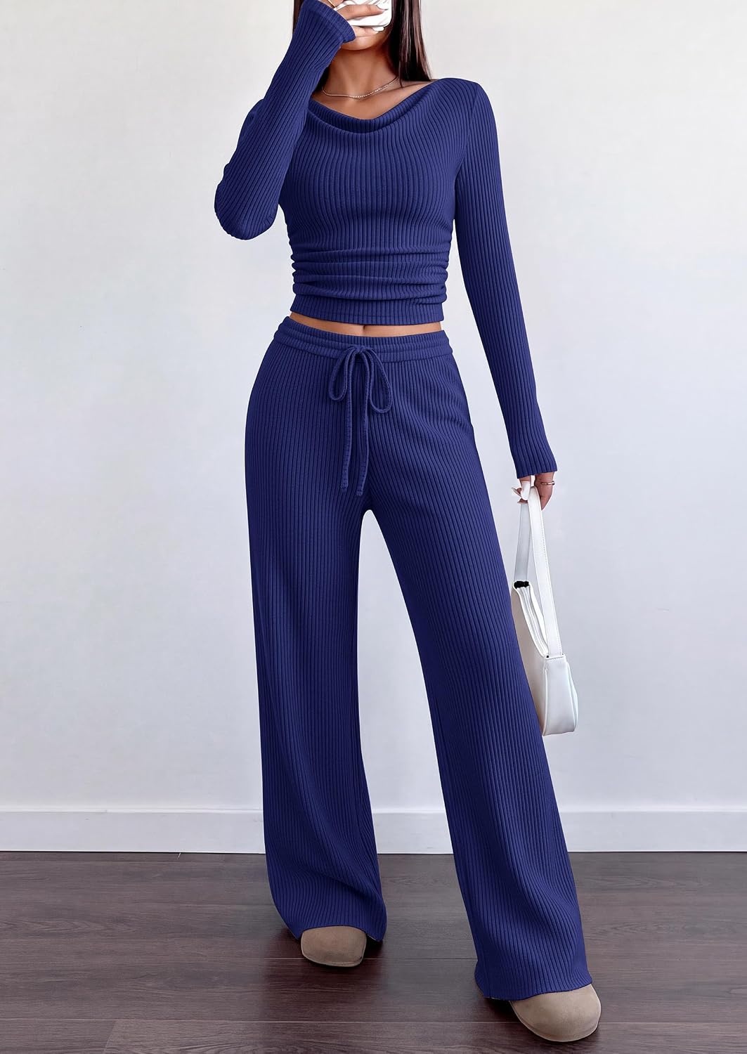 image:imagePRETTYGARDEN Matching Sets Women Clothing Fall Ribbed 2 Piece Lounge SetNavy Blue