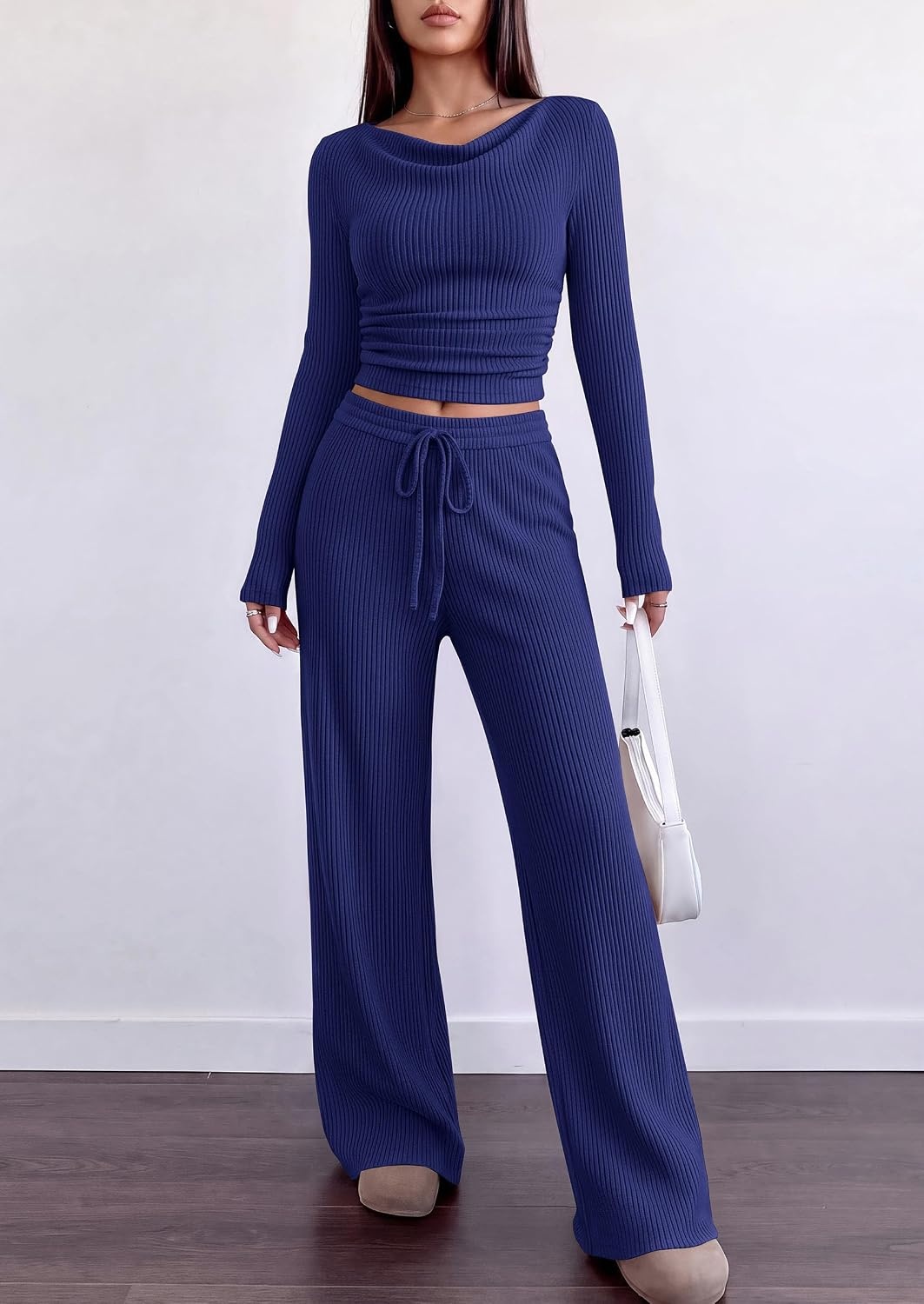 image:imagePRETTYGARDEN Matching Sets Women Clothing Fall Ribbed 2 Piece Lounge SetNavy Blue