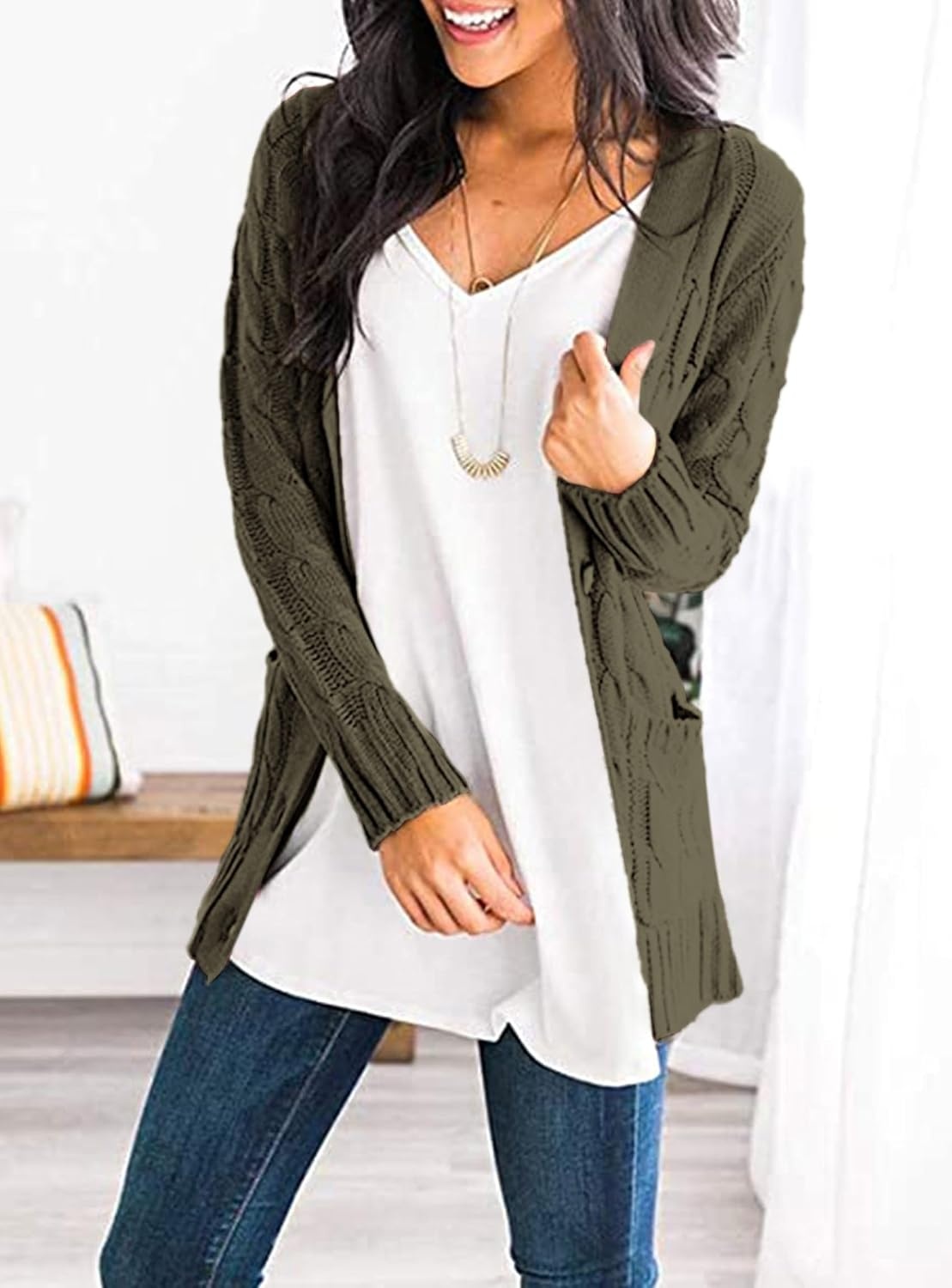 image:imagePRETTYGARDEN Women Chunky Cable Knit Cardigan Sweaters Fall Fashion ClothesArmy Green
