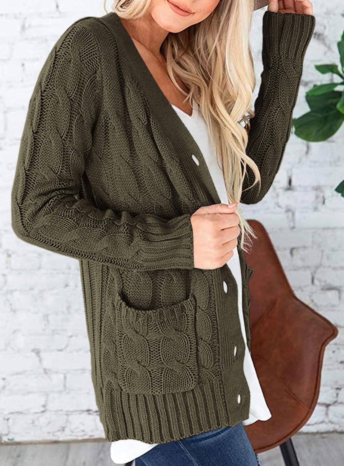image:imagePRETTYGARDEN Women Chunky Cable Knit Cardigan Sweaters Fall Fashion ClothesArmy Green