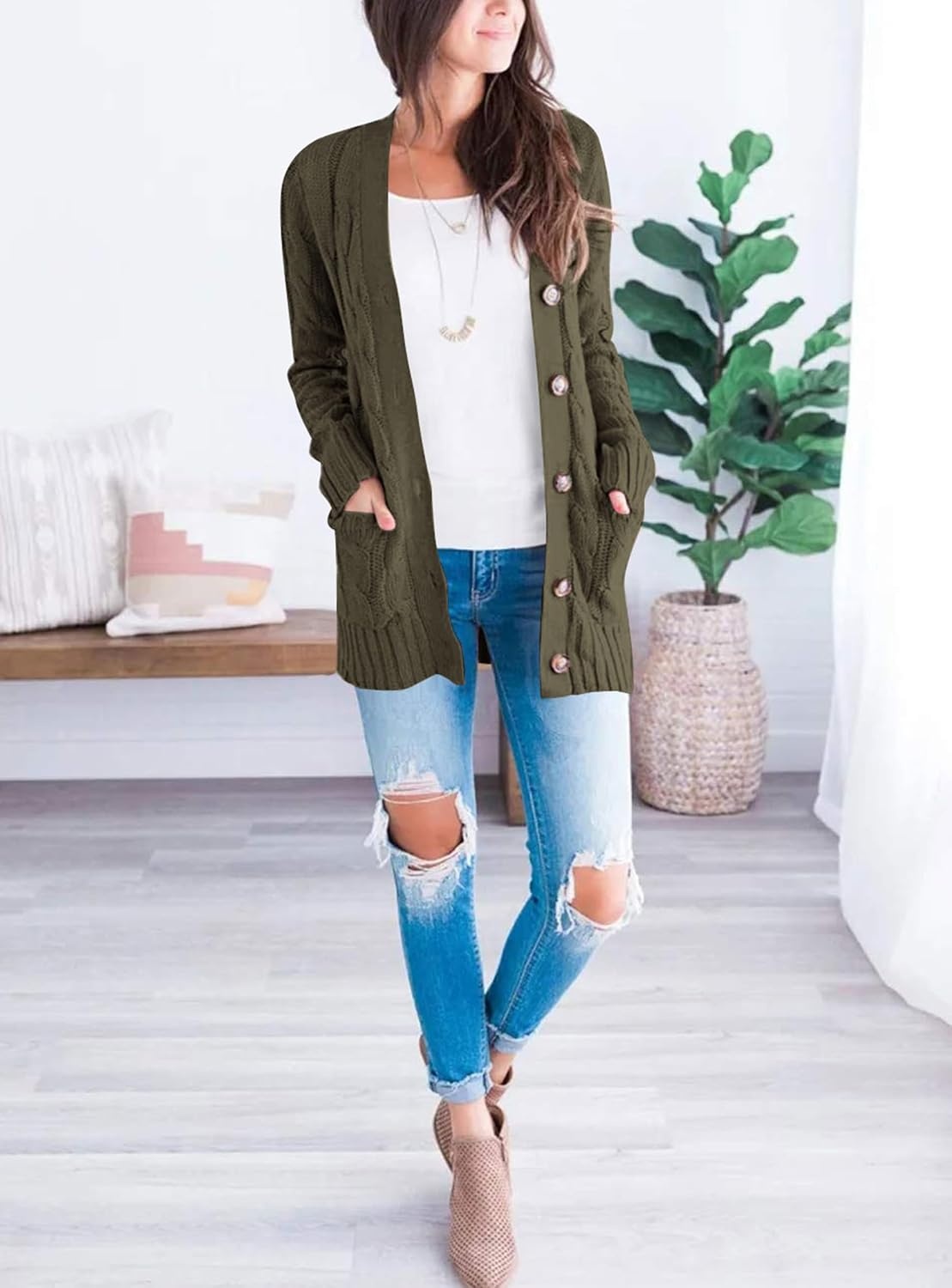image:imagePRETTYGARDEN Women Chunky Cable Knit Cardigan Sweaters Fall Fashion ClothesArmy Green