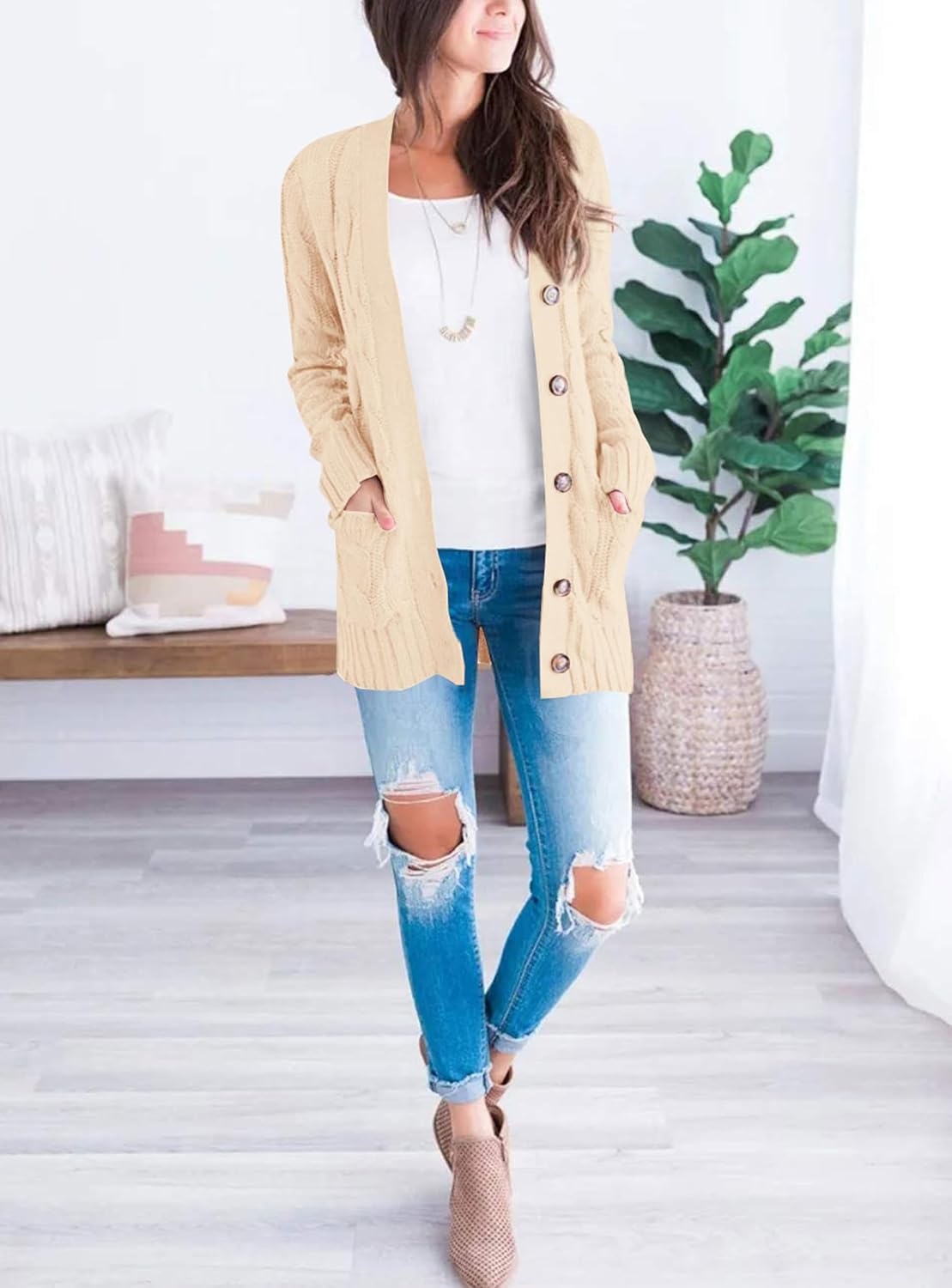 image:imagePRETTYGARDEN Women Chunky Cable Knit Cardigan Sweaters Fall Fashion ClothesBeige