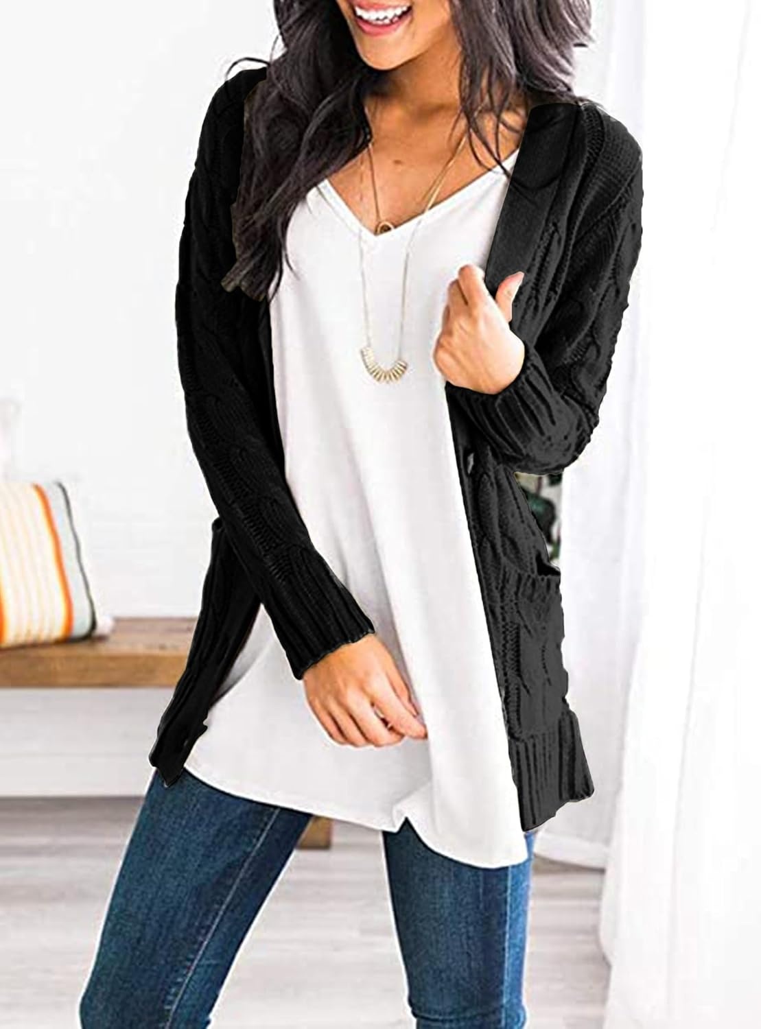 image:imagePRETTYGARDEN Women Chunky Cable Knit Cardigan Sweaters Fall Fashion ClothesBlack