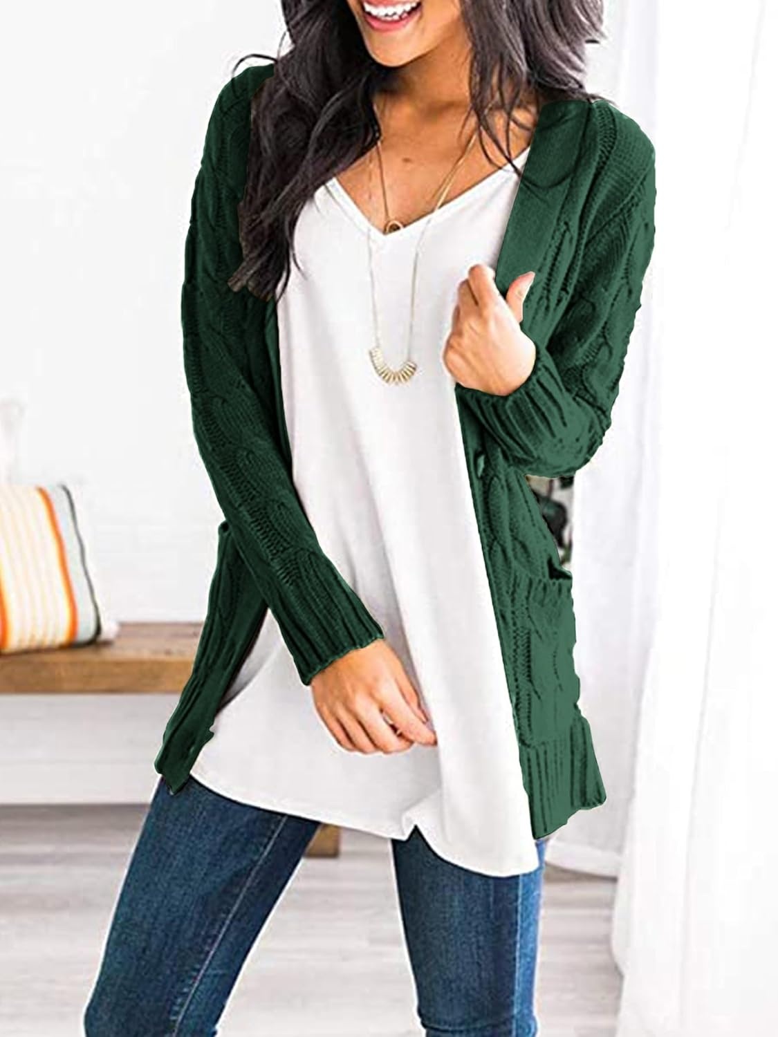 image:imagePRETTYGARDEN Women Chunky Cable Knit Cardigan Sweaters Fall Fashion ClothesDark Green