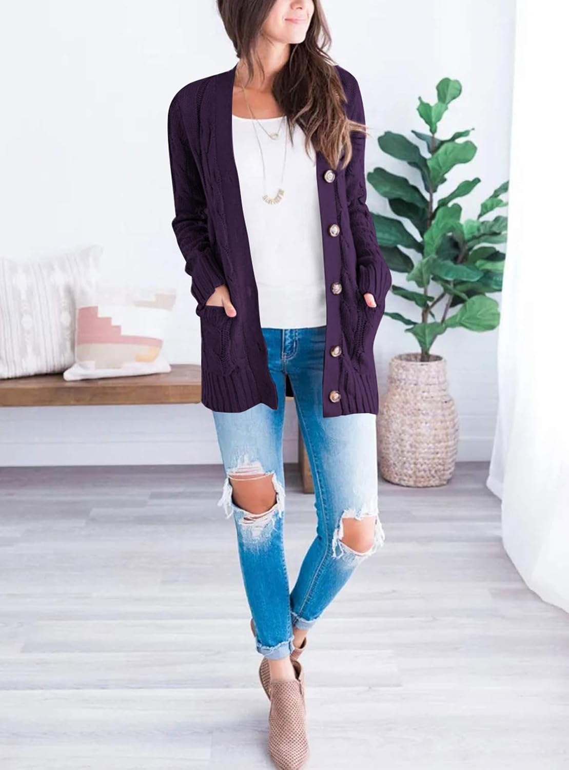 image:imagePRETTYGARDEN Women Chunky Cable Knit Cardigan Sweaters Fall Fashion ClothesDark Purple