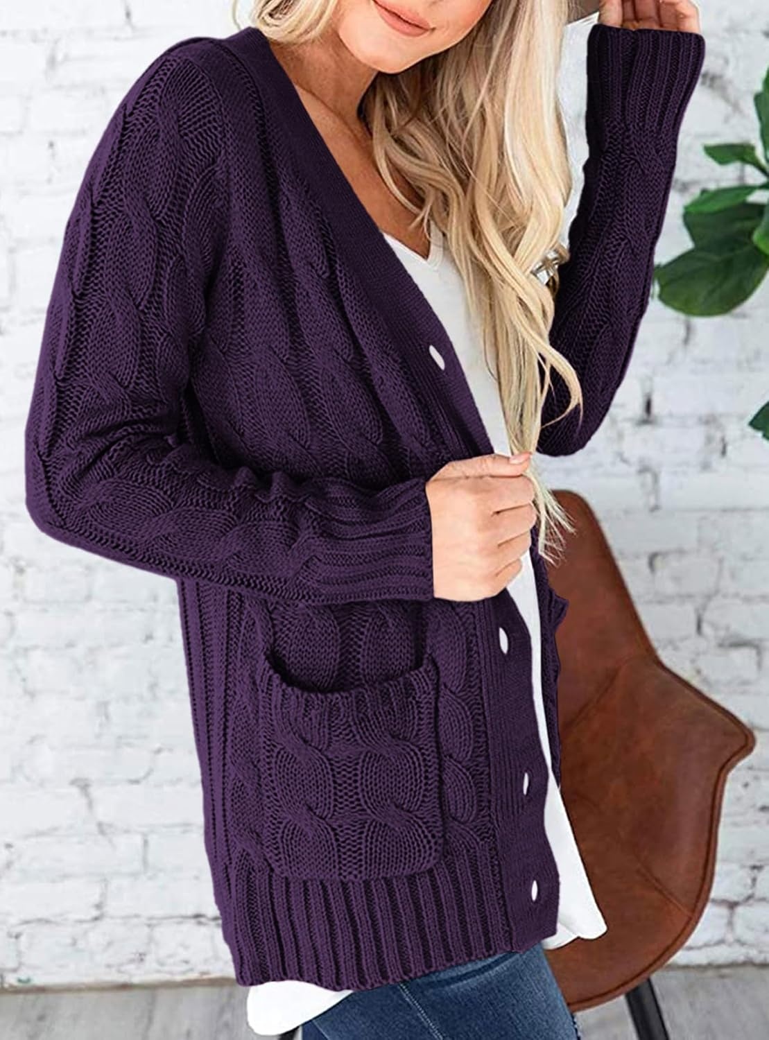 image:imagePRETTYGARDEN Women Chunky Cable Knit Cardigan Sweaters Fall Fashion ClothesDark Purple