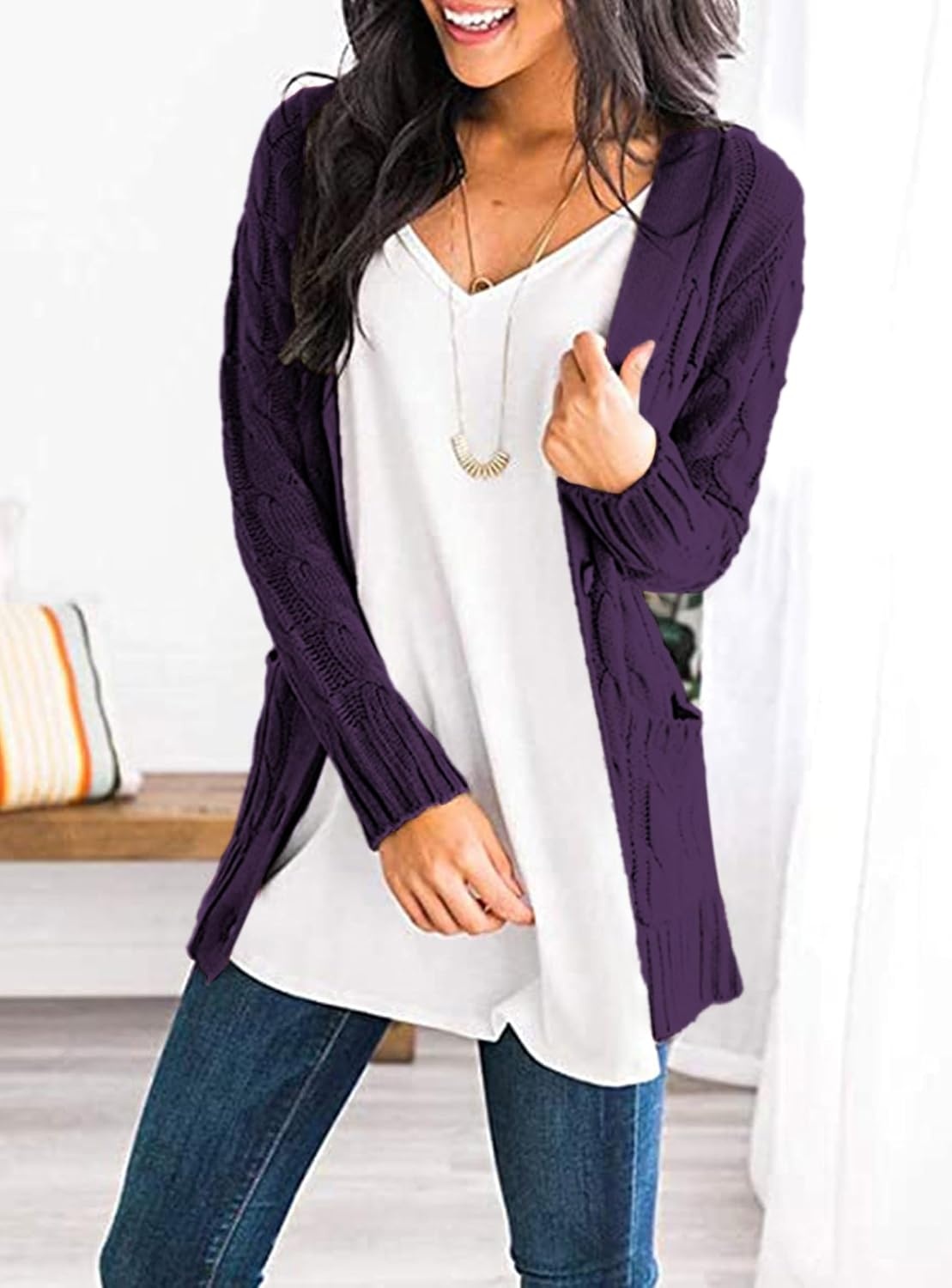 image:imagePRETTYGARDEN Women Chunky Cable Knit Cardigan Sweaters Fall Fashion ClothesDark Purple
