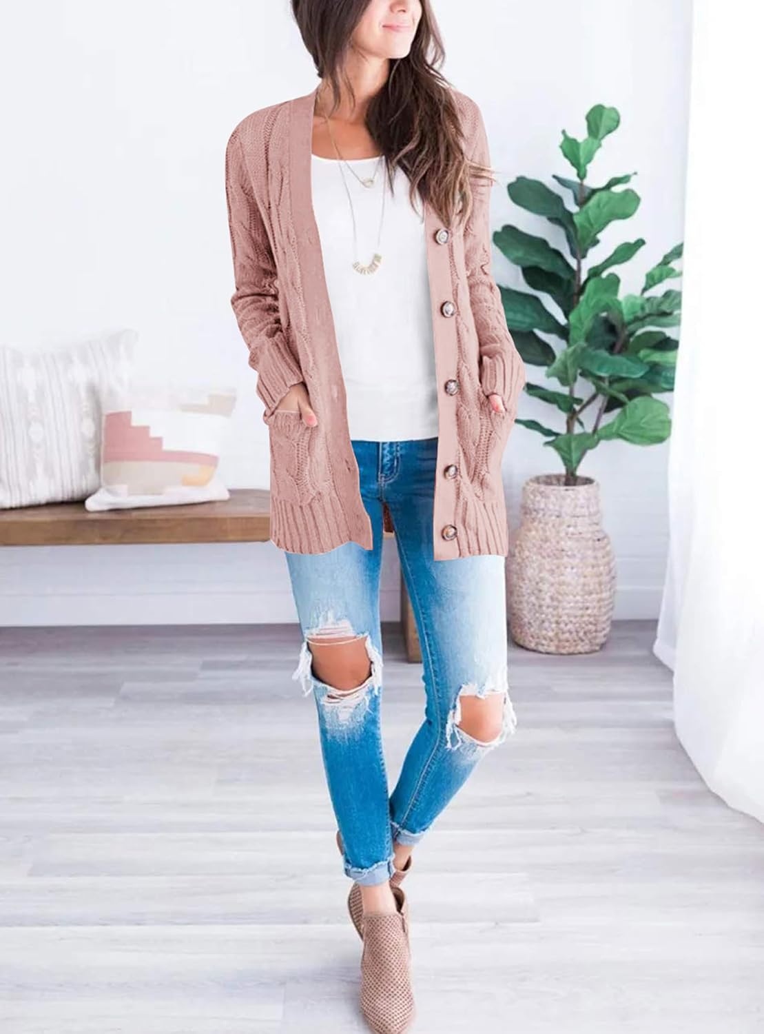image:imagePRETTYGARDEN Women Chunky Cable Knit Cardigan Sweaters Fall Fashion ClothesDusty Pink
