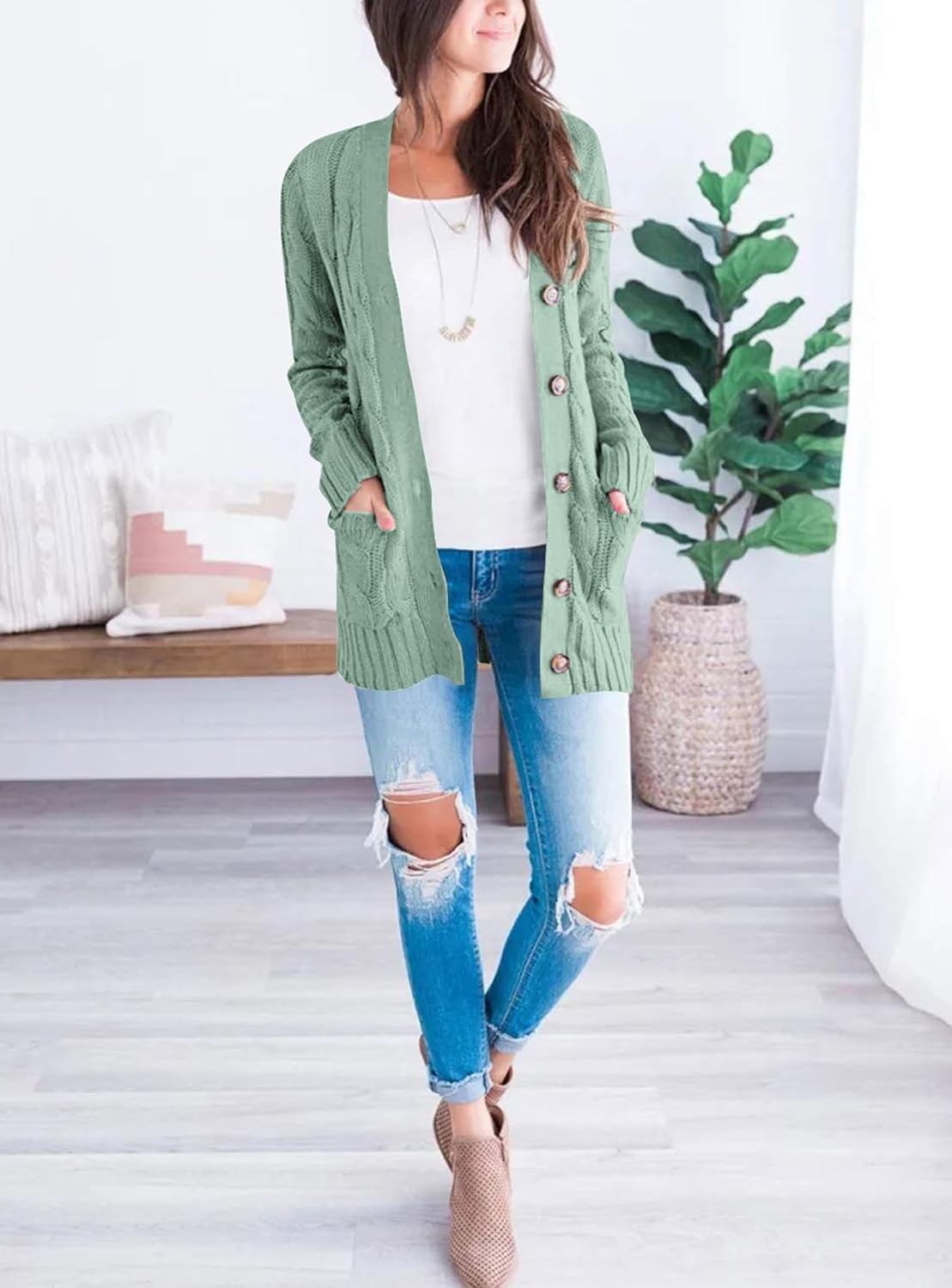 image:imagePRETTYGARDEN Women Chunky Cable Knit Cardigan Sweaters Fall Fashion ClothesGreen