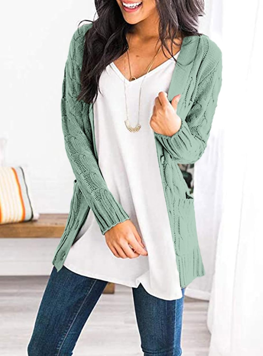 image:imagePRETTYGARDEN Women Chunky Cable Knit Cardigan Sweaters Fall Fashion ClothesGreen
