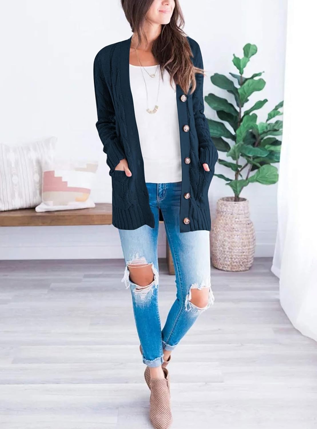 image:imagePRETTYGARDEN Women Chunky Cable Knit Cardigan Sweaters Fall Fashion ClothesLake Blue