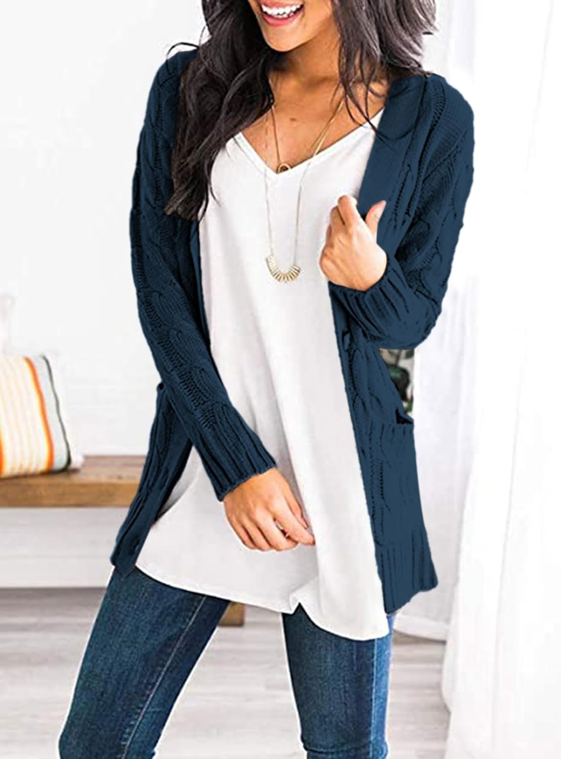 image:imagePRETTYGARDEN Women Chunky Cable Knit Cardigan Sweaters Fall Fashion ClothesLake Blue