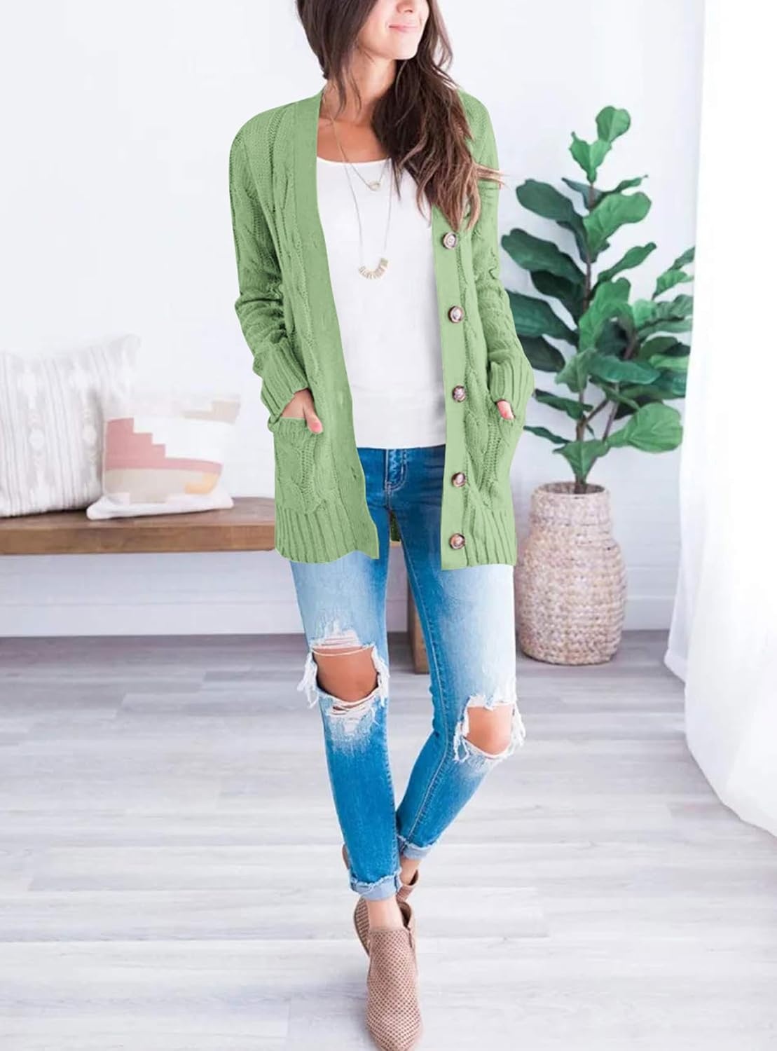 image:imagePRETTYGARDEN Women Chunky Cable Knit Cardigan Sweaters Fall Fashion ClothesLight Green