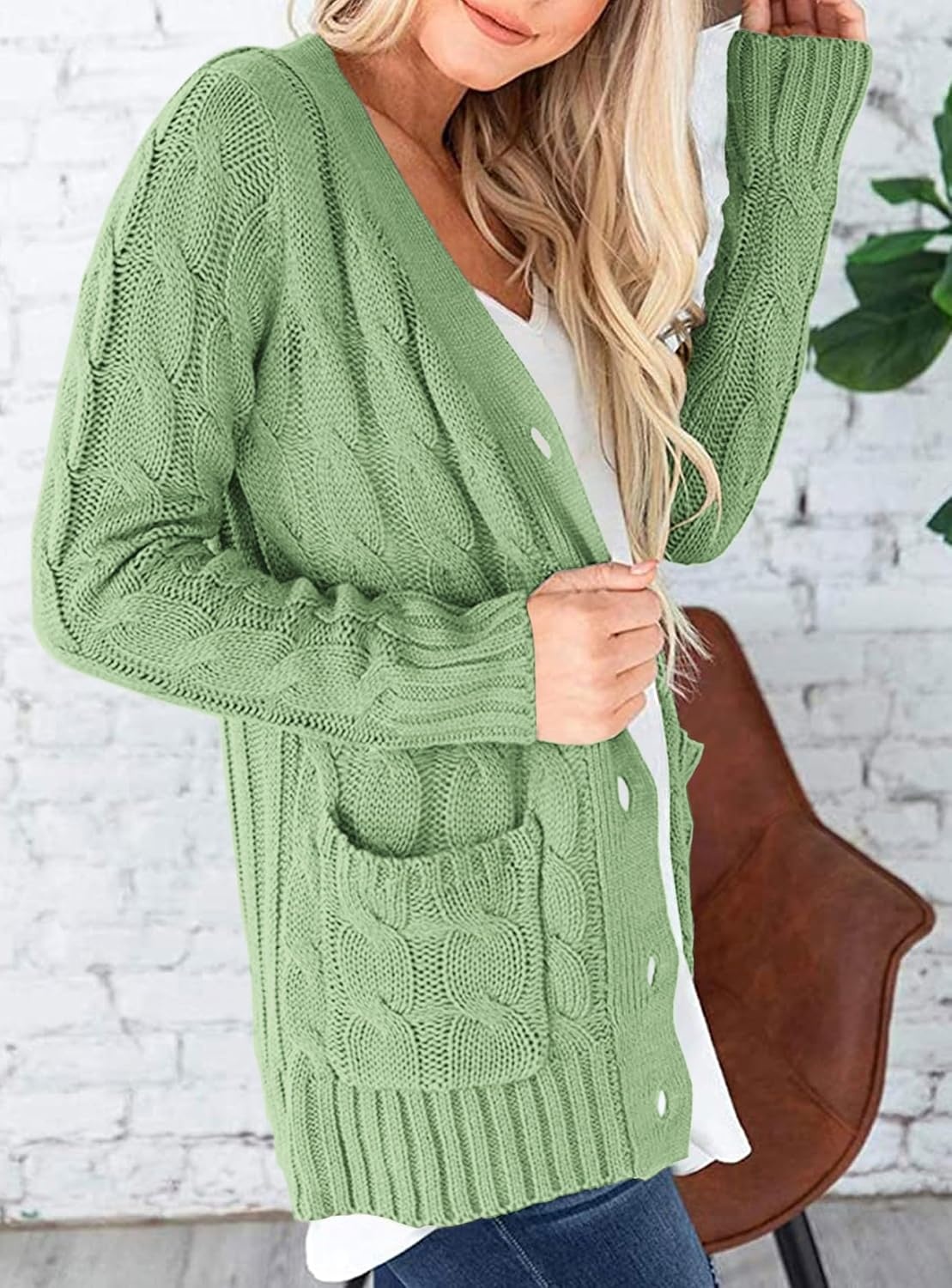 image:imagePRETTYGARDEN Women Chunky Cable Knit Cardigan Sweaters Fall Fashion ClothesLight Green