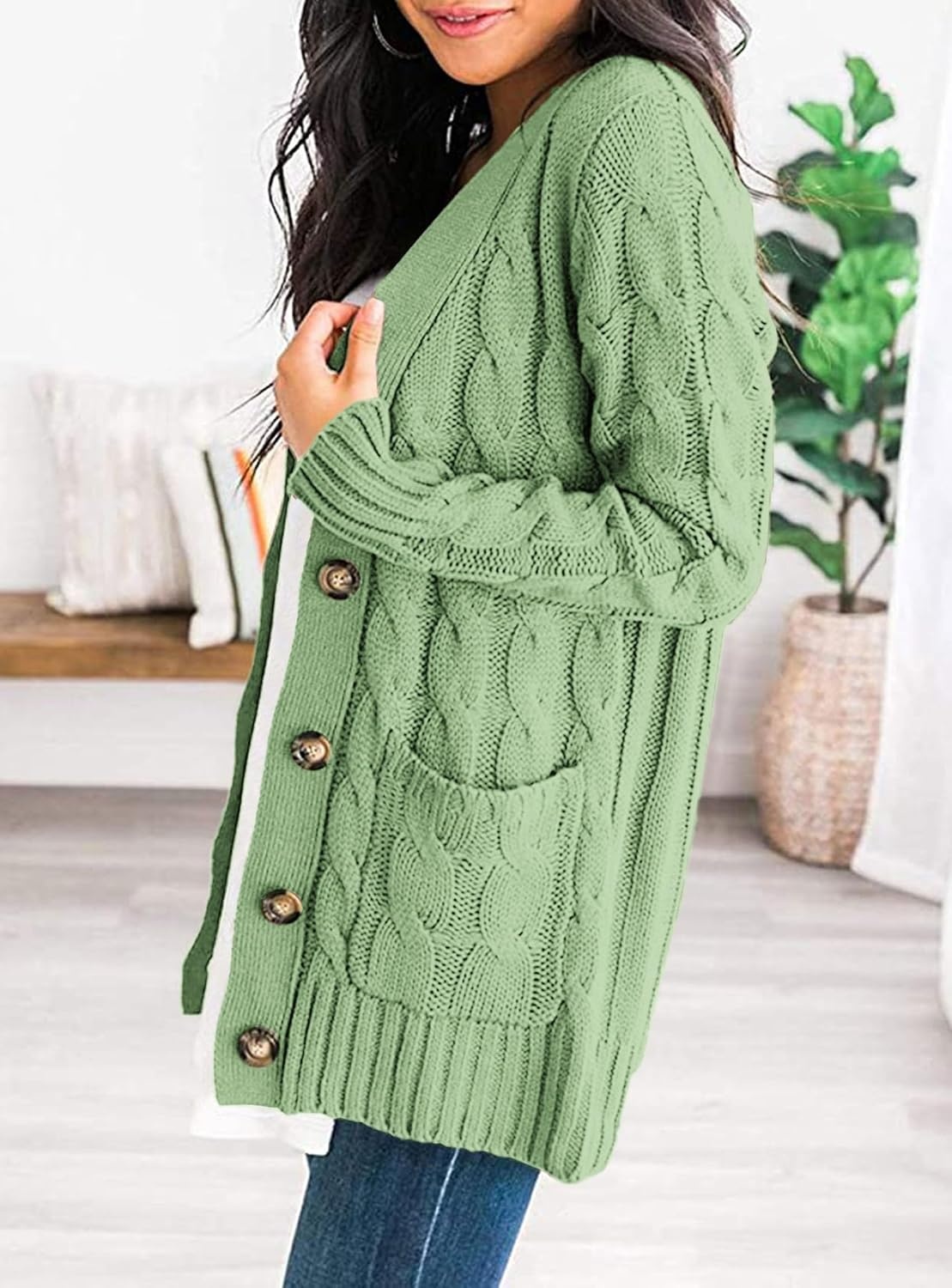 image:imagePRETTYGARDEN Women Chunky Cable Knit Cardigan Sweaters Fall Fashion ClothesLight Green