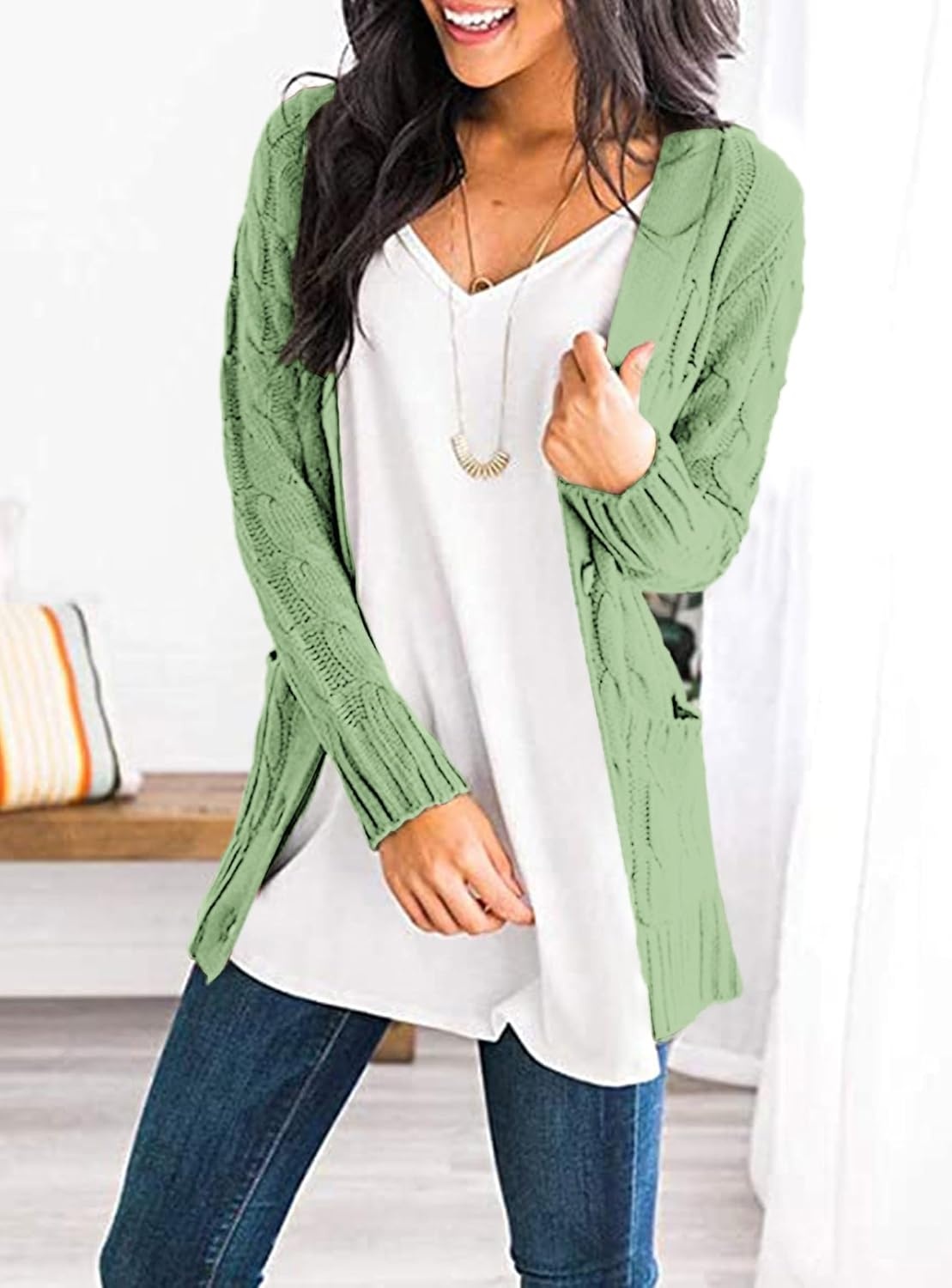 image:imagePRETTYGARDEN Women Chunky Cable Knit Cardigan Sweaters Fall Fashion ClothesLight Green