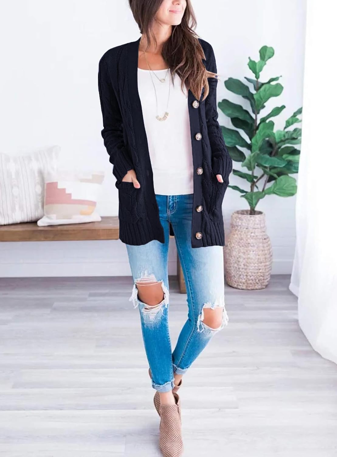 image:imagePRETTYGARDEN Women Chunky Cable Knit Cardigan Sweaters Fall Fashion ClothesNavy