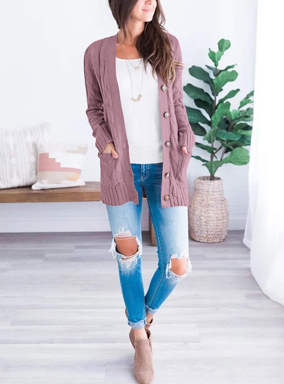 image:imagePRETTYGARDEN Women Chunky Cable Knit Cardigan Sweaters Fall Fashion ClothesPurple
