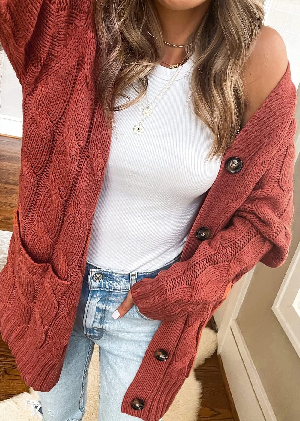 image:imagePRETTYGARDEN Women Chunky Cable Knit Cardigan Sweaters Fall Fashion ClothesRed