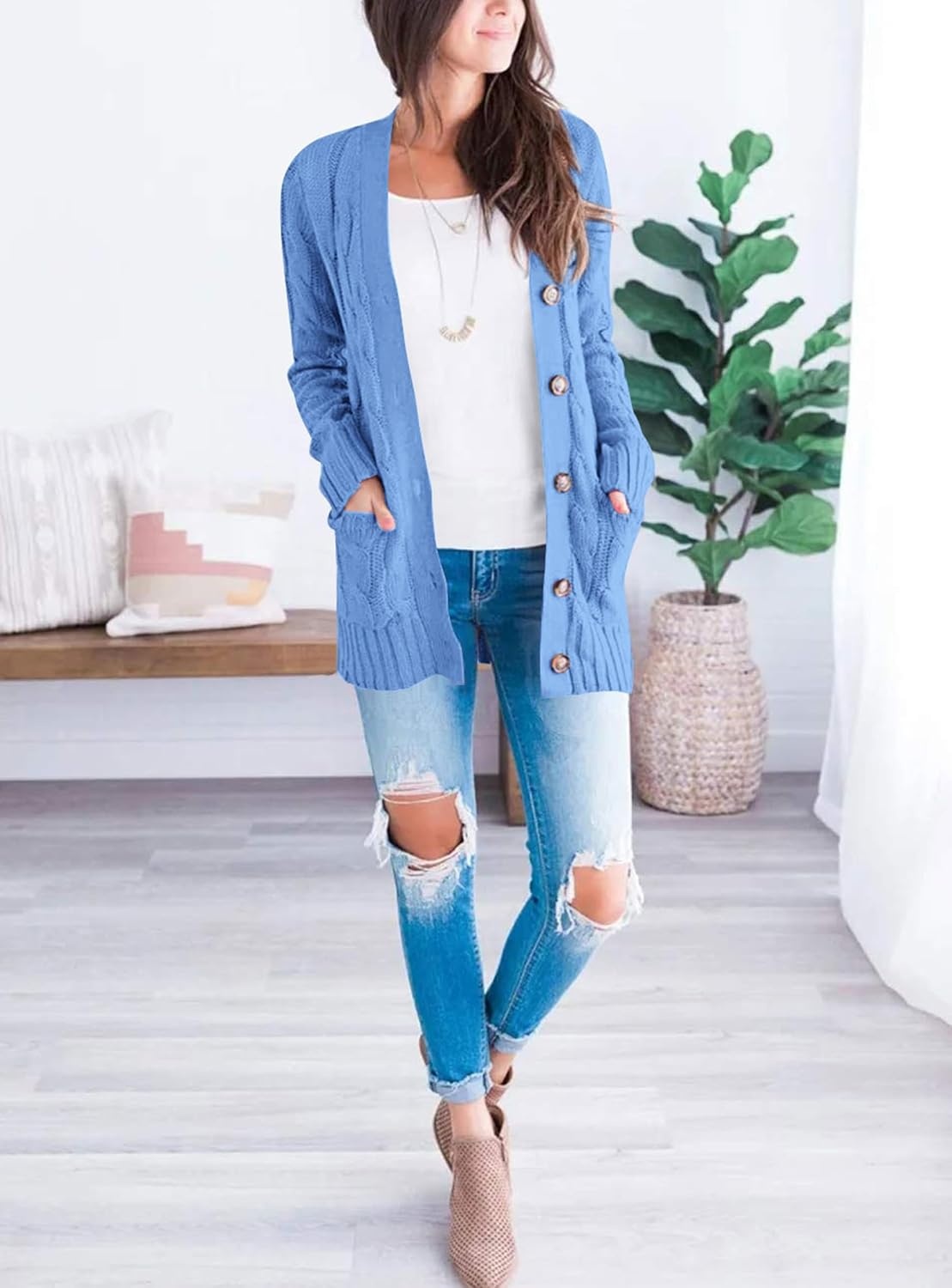 image:imagePRETTYGARDEN Women Chunky Cable Knit Cardigan Sweaters Fall Fashion ClothesSky Blue