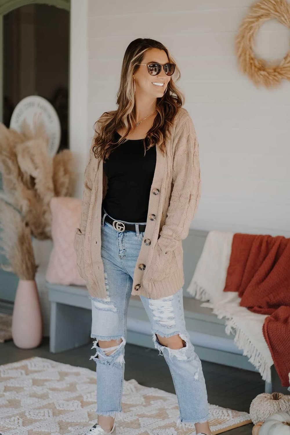 image:imagePRETTYGARDEN Women Chunky Cable Knit Cardigan Sweaters Fall Fashion ClothesTan