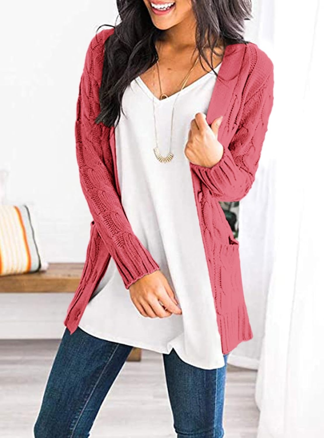 image:imagePRETTYGARDEN Women Chunky Cable Knit Cardigan Sweaters Fall Fashion ClothesVermilion