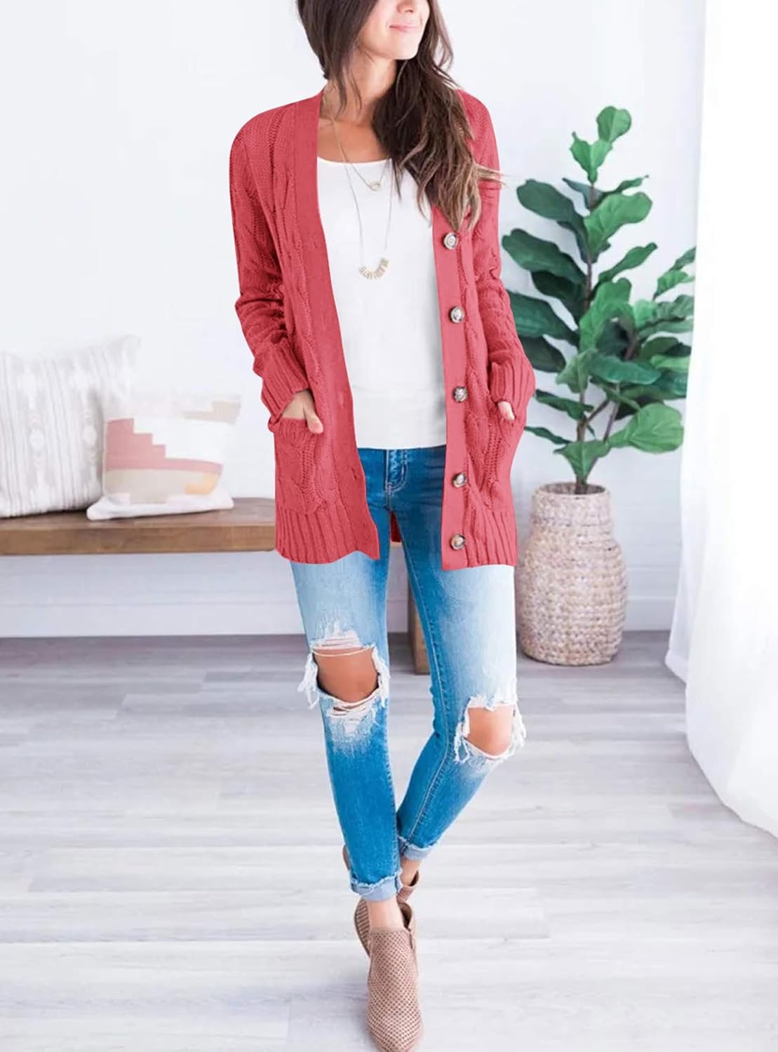 image:imagePRETTYGARDEN Women Chunky Cable Knit Cardigan Sweaters Fall Fashion ClothesVermilion