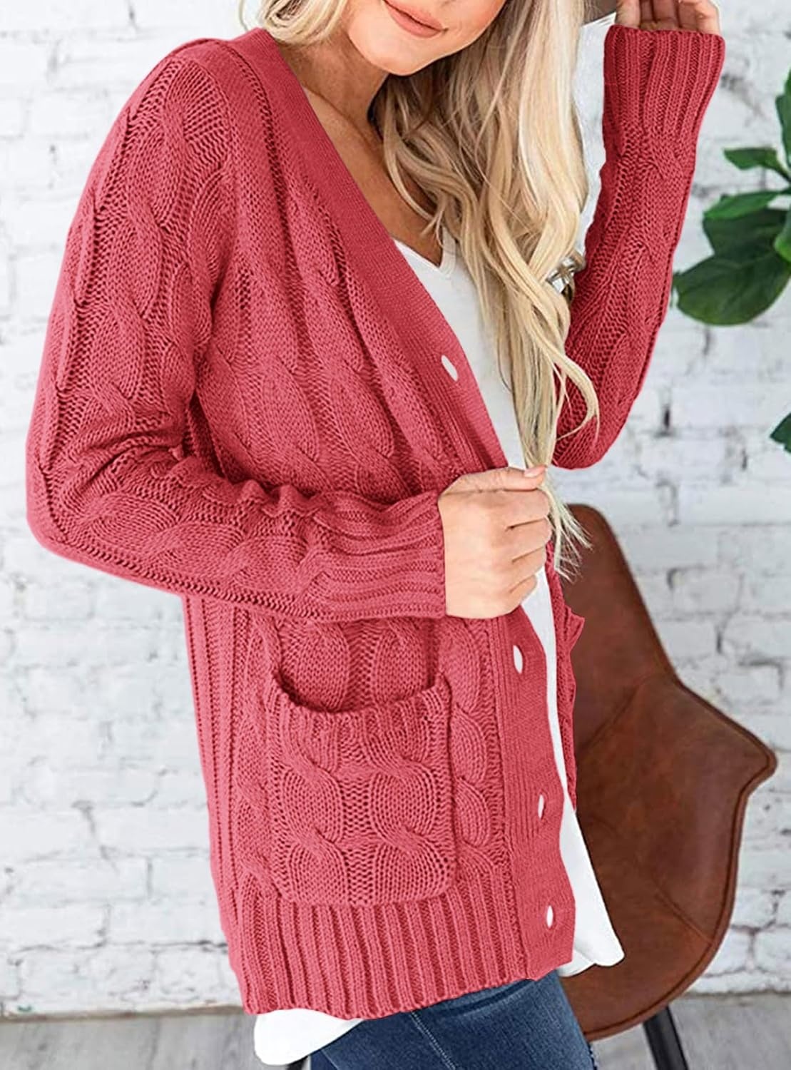 image:imagePRETTYGARDEN Women Chunky Cable Knit Cardigan Sweaters Fall Fashion ClothesVermilion