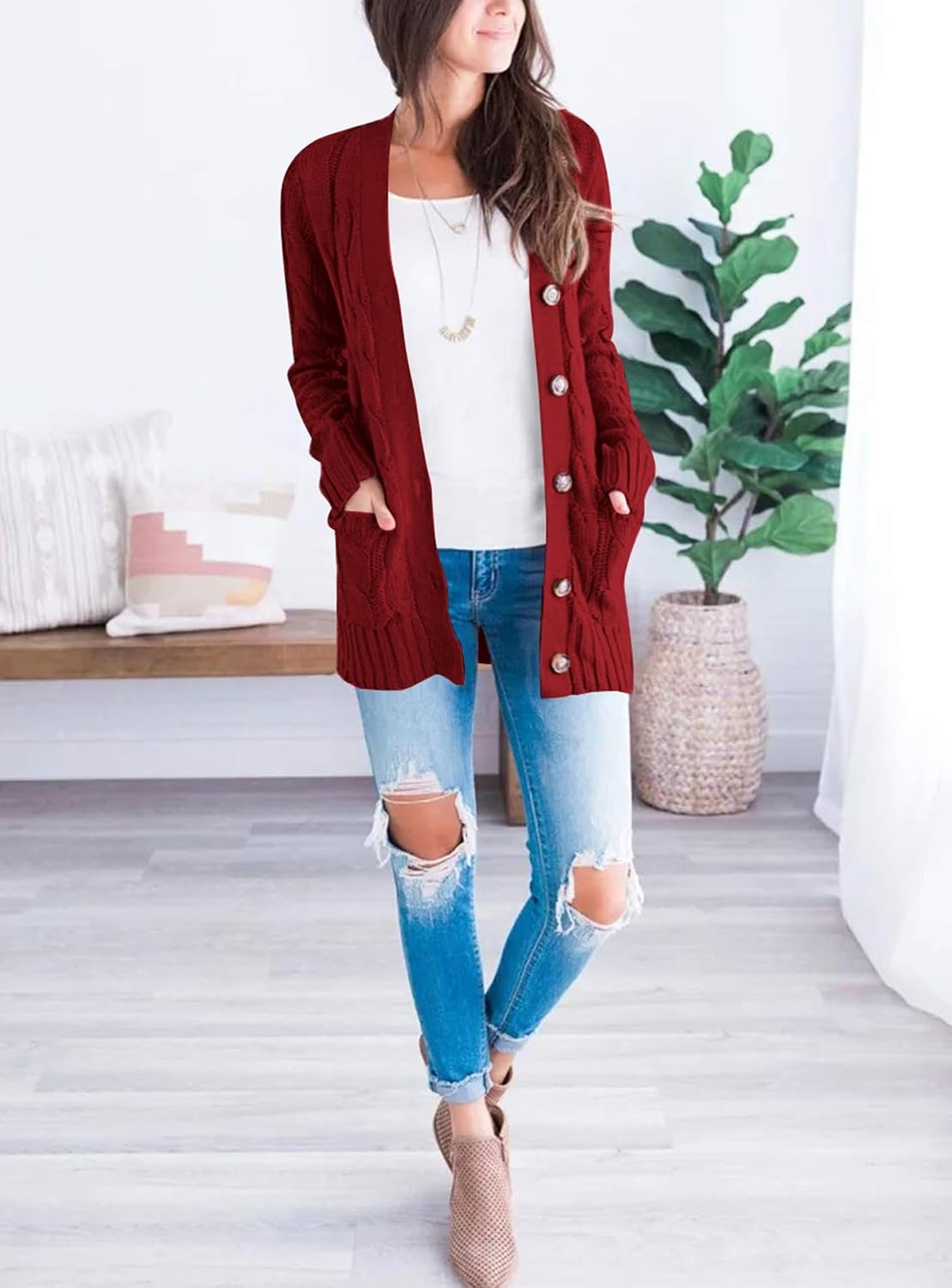 image:imagePRETTYGARDEN Women Chunky Cable Knit Cardigan Sweaters Fall Fashion ClothesWine Red