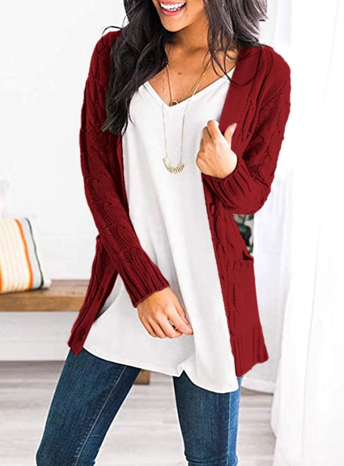 image:imagePRETTYGARDEN Women Chunky Cable Knit Cardigan Sweaters Fall Fashion ClothesWine Red