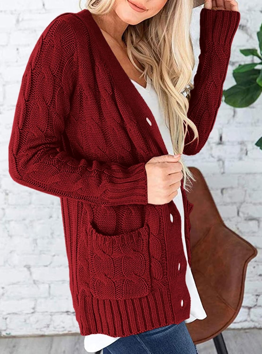 image:imagePRETTYGARDEN Women Chunky Cable Knit Cardigan Sweaters Fall Fashion ClothesWine Red