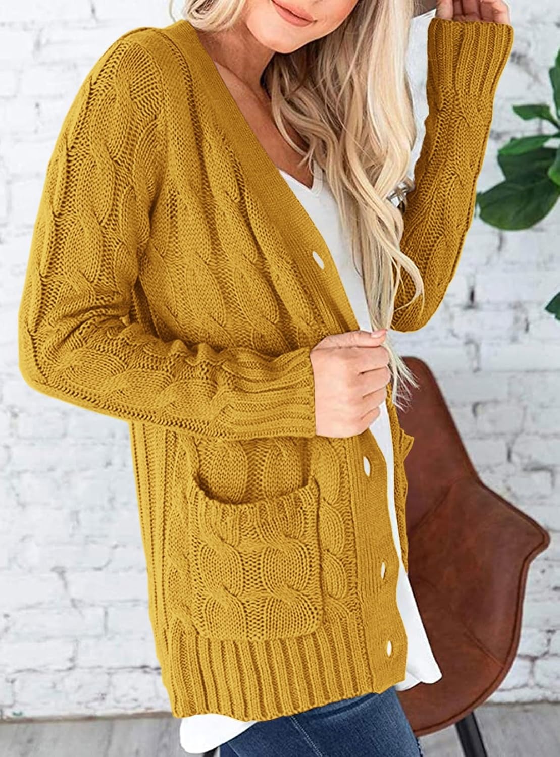 image:imagePRETTYGARDEN Women Chunky Cable Knit Cardigan Sweaters Fall Fashion ClothesYellow