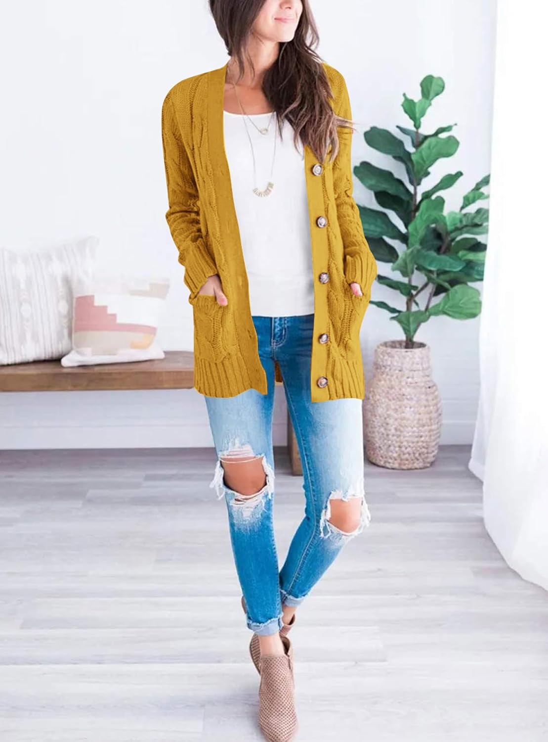 image:imagePRETTYGARDEN Women Chunky Cable Knit Cardigan Sweaters Fall Fashion ClothesYellow