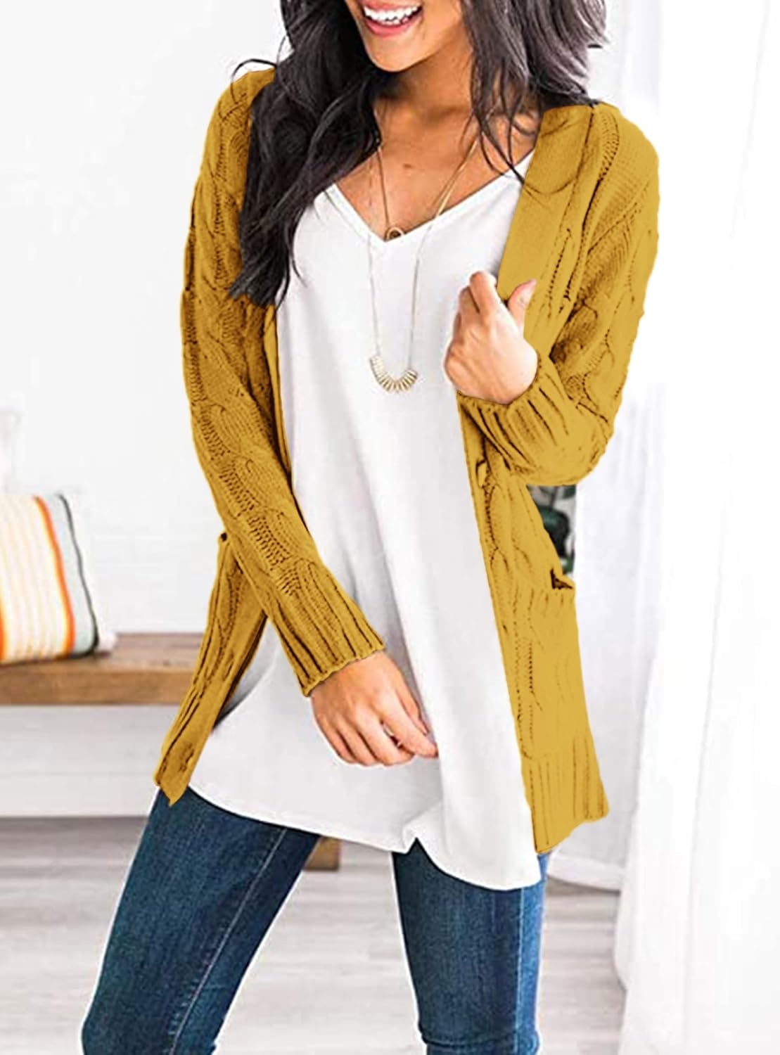image:imagePRETTYGARDEN Women Chunky Cable Knit Cardigan Sweaters Fall Fashion ClothesYellow