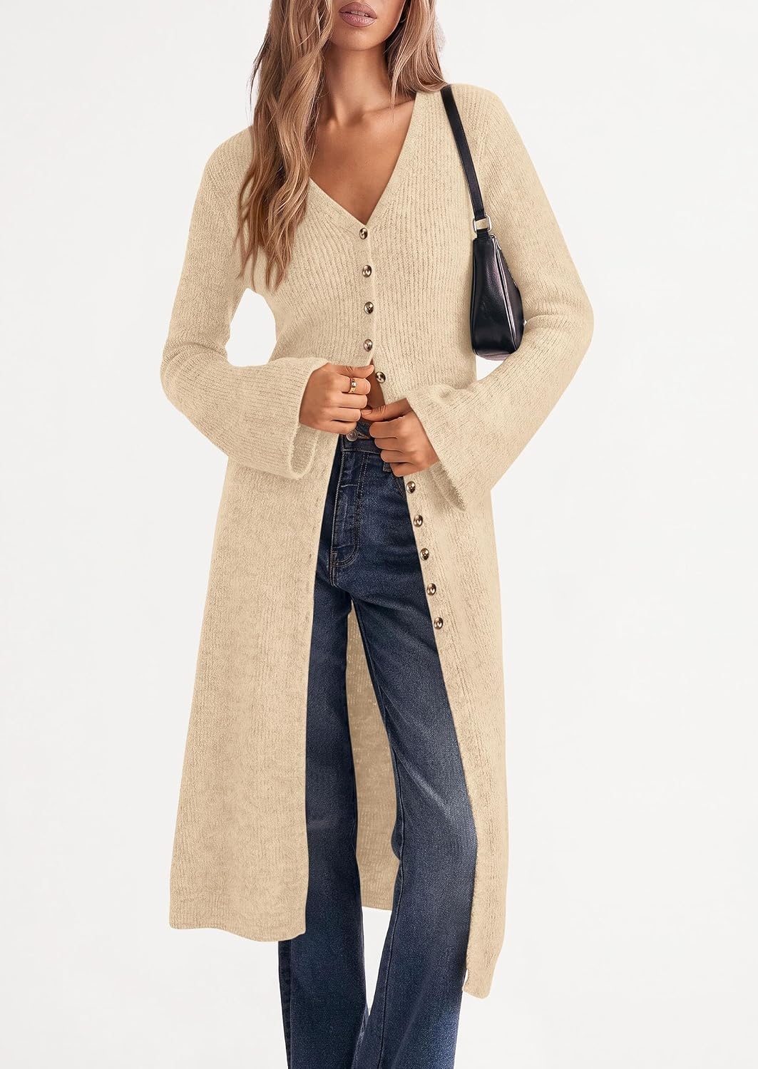 image:imagePRETTYGARDEN Women Long Cardigan Bell Sleeve Sweater DressBeige