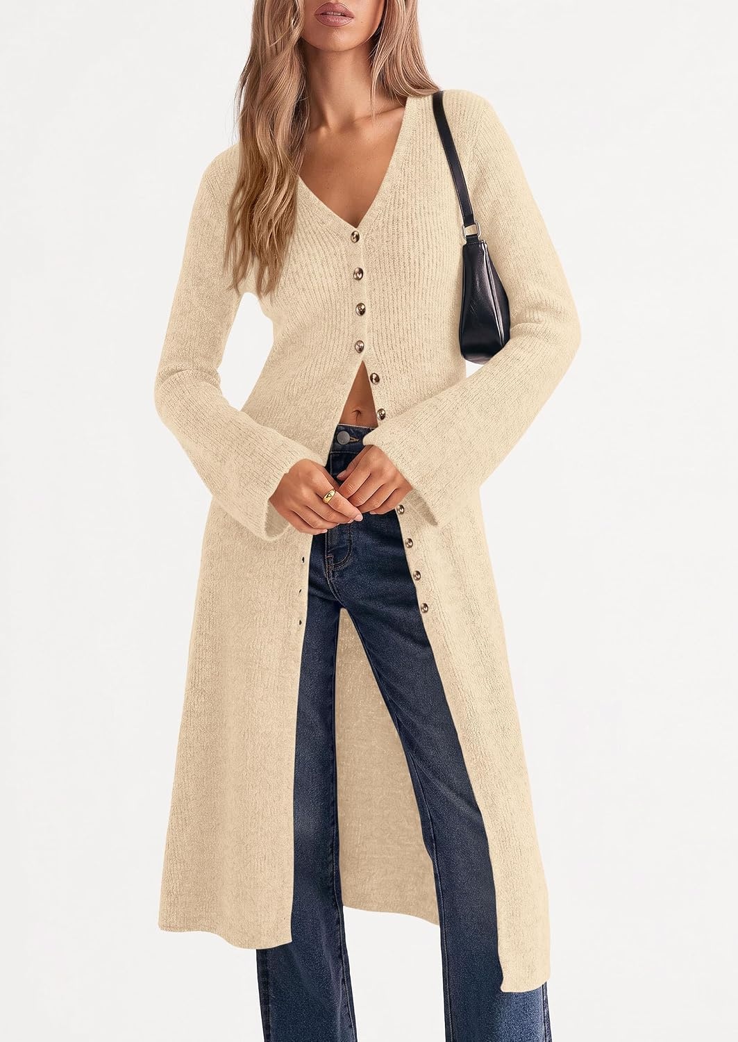 image:imagePRETTYGARDEN Women Long Cardigan Bell Sleeve Sweater DressBeige