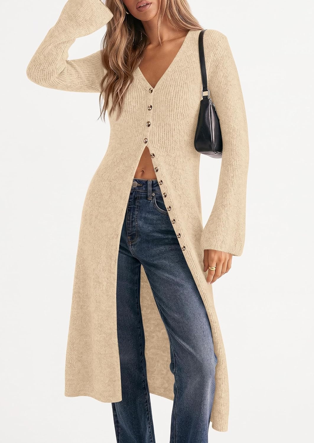 image:imagePRETTYGARDEN Women Long Cardigan Bell Sleeve Sweater DressBeige