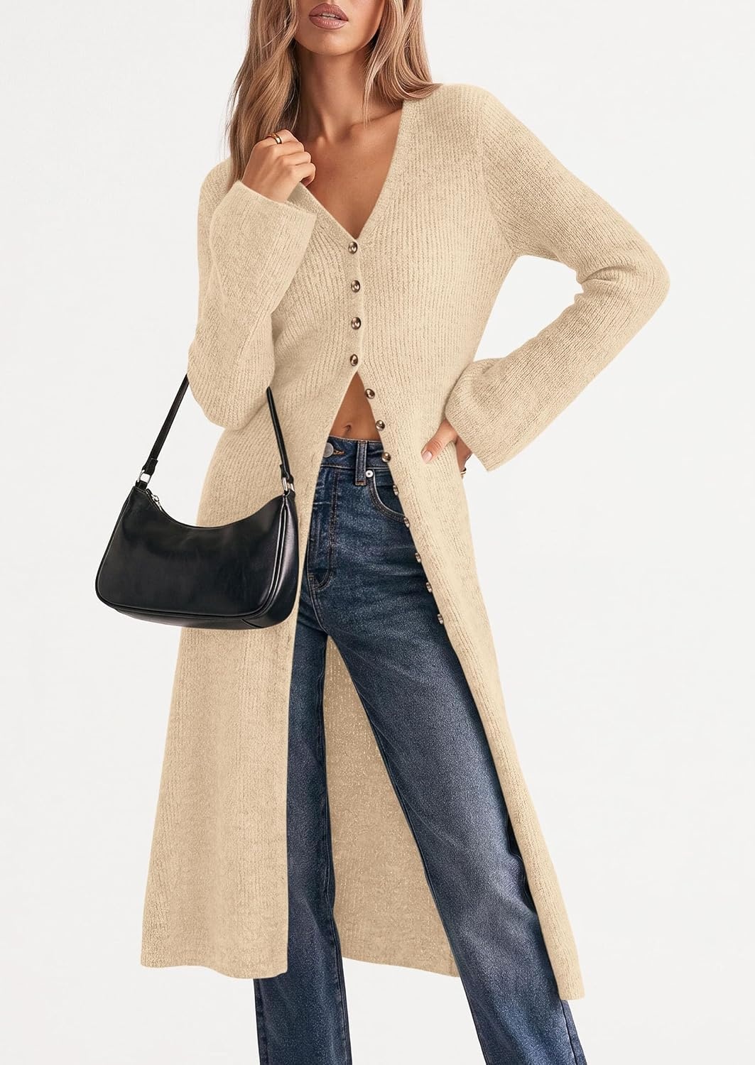 image:imagePRETTYGARDEN Women Long Cardigan Bell Sleeve Sweater DressBeige