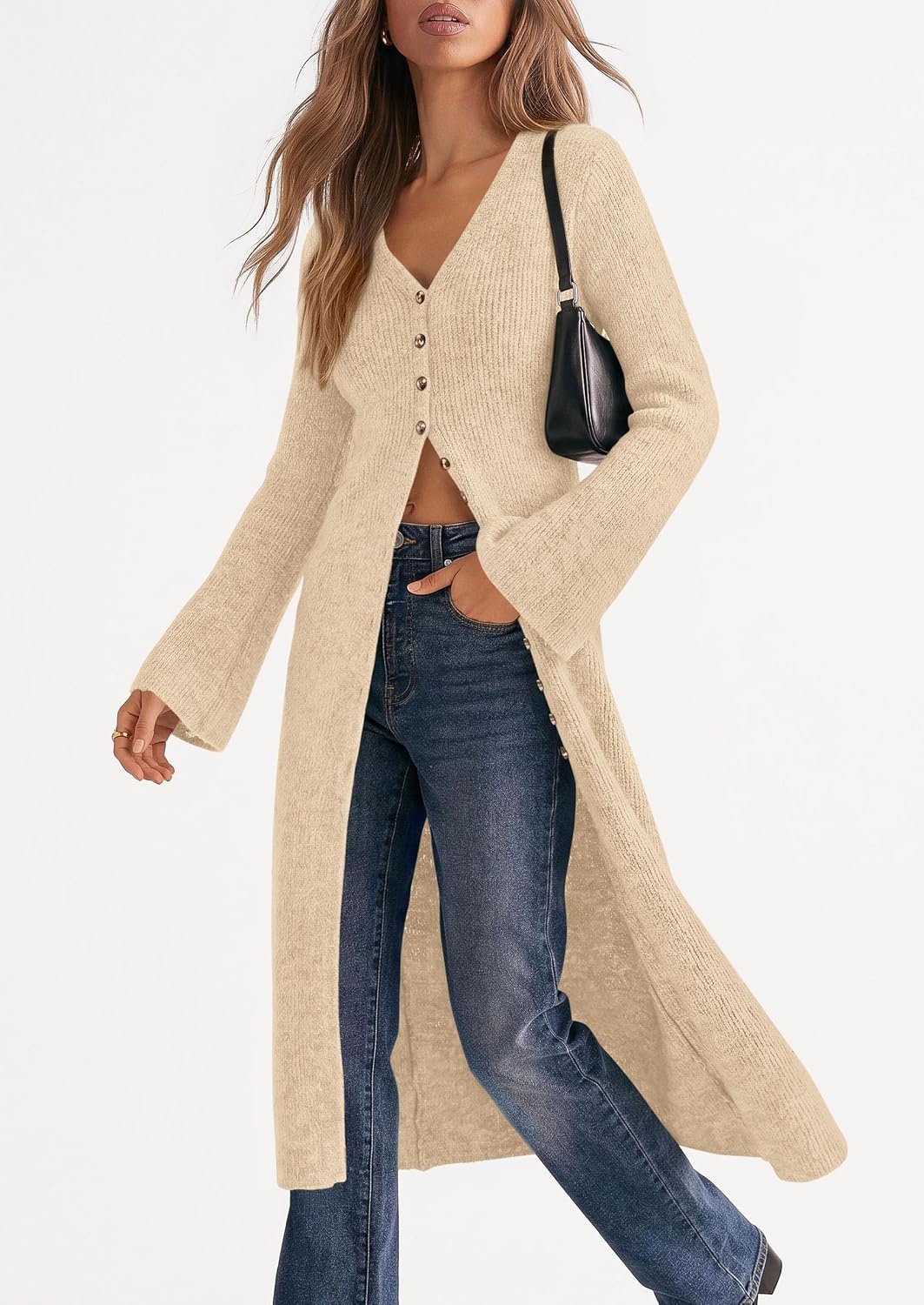 image:imagePRETTYGARDEN Women Long Cardigan Bell Sleeve Sweater DressBeige