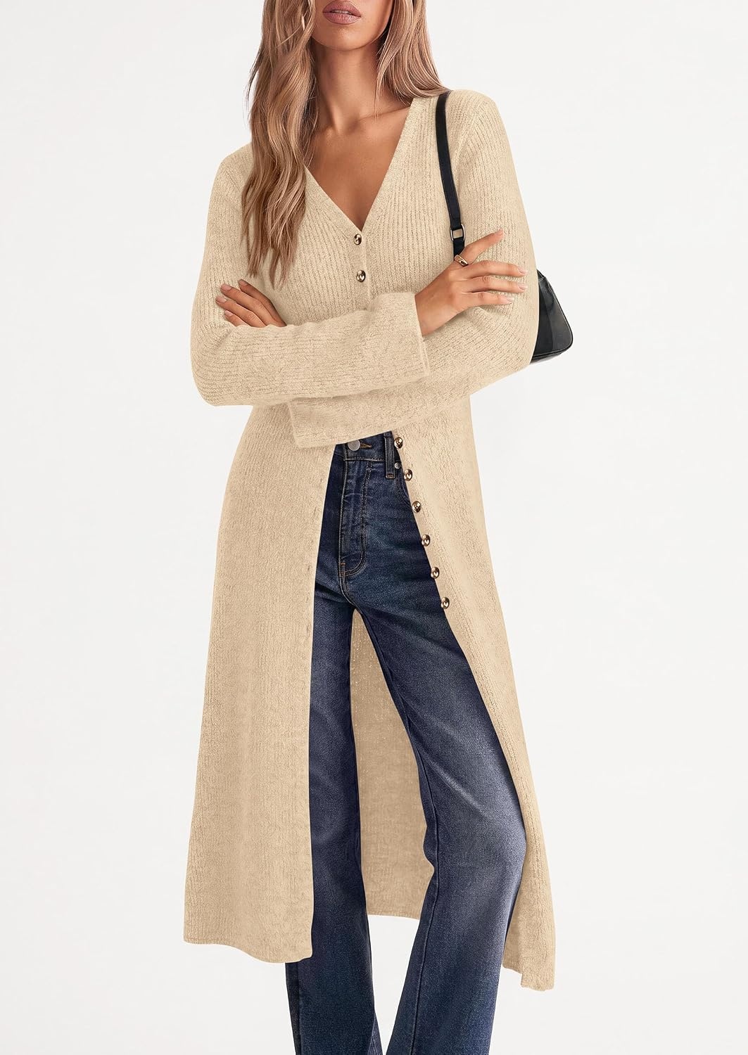 image:imagePRETTYGARDEN Women Long Cardigan Bell Sleeve Sweater DressBeige