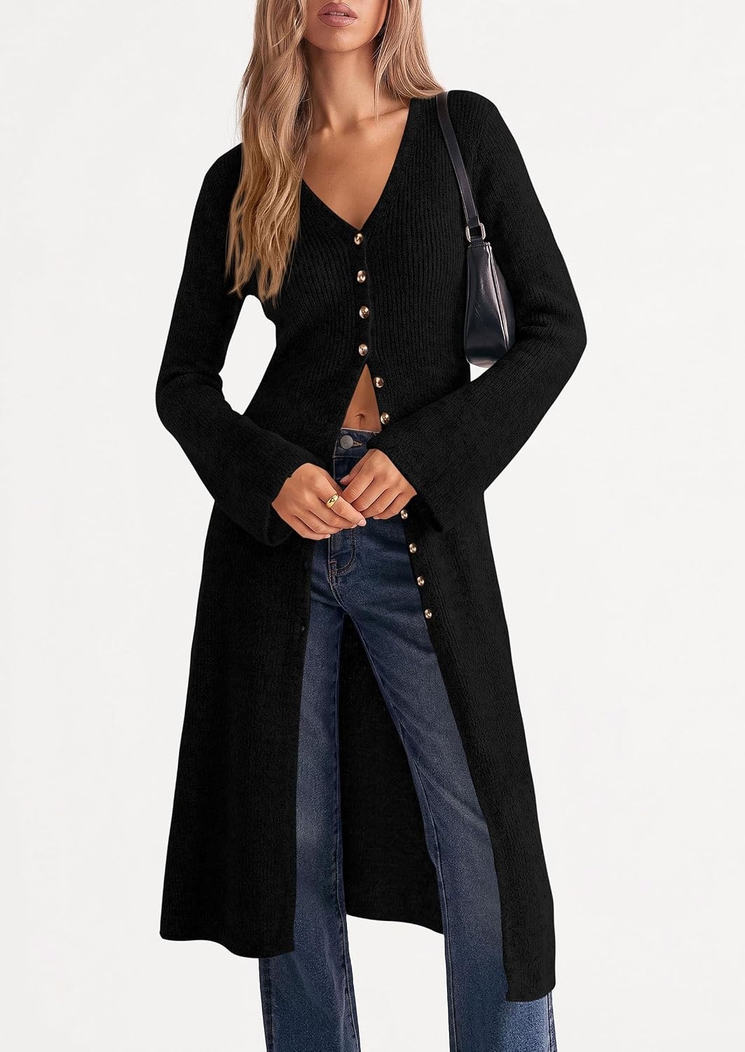 image:imagePRETTYGARDEN Women Long Cardigan Bell Sleeve Sweater DressBlack