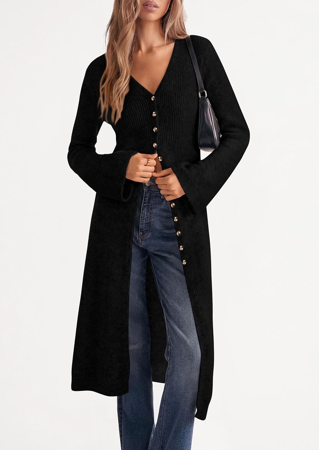 image:imagePRETTYGARDEN Women Long Cardigan Bell Sleeve Sweater DressBlack