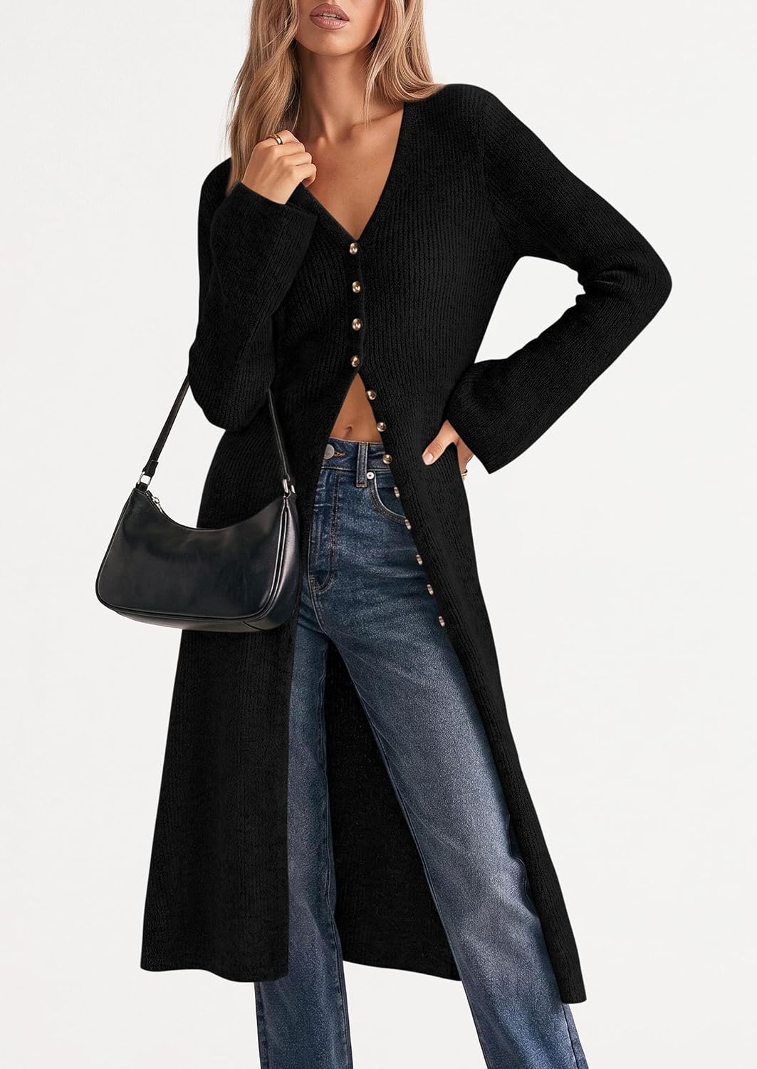 image:imagePRETTYGARDEN Women Long Cardigan Bell Sleeve Sweater DressBlack