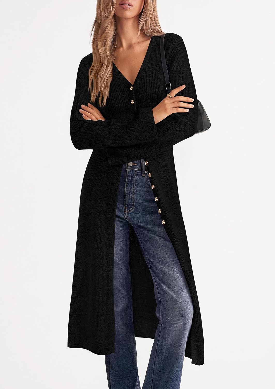 image:imagePRETTYGARDEN Women Long Cardigan Bell Sleeve Sweater DressBlack
