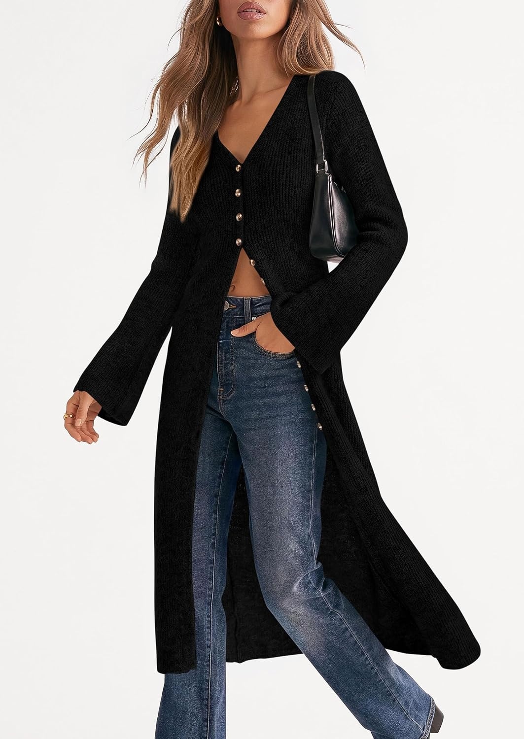 image:imagePRETTYGARDEN Women Long Cardigan Bell Sleeve Sweater DressBlack