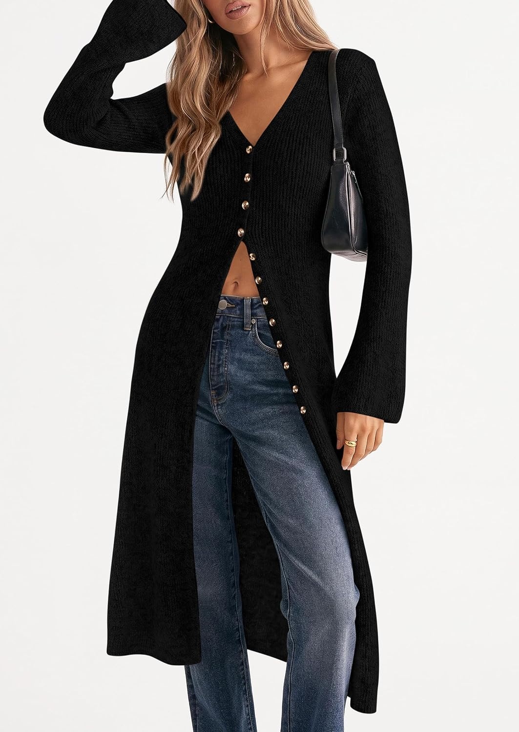 image:imagePRETTYGARDEN Women Long Cardigan Bell Sleeve Sweater DressBlack