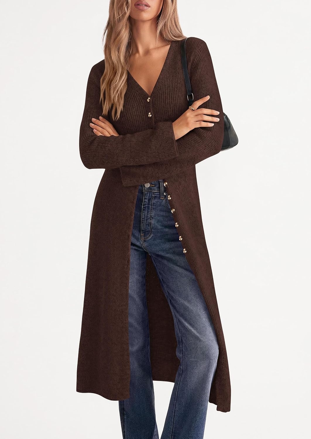 image:imagePRETTYGARDEN Women Long Cardigan Bell Sleeve Sweater DressBrown