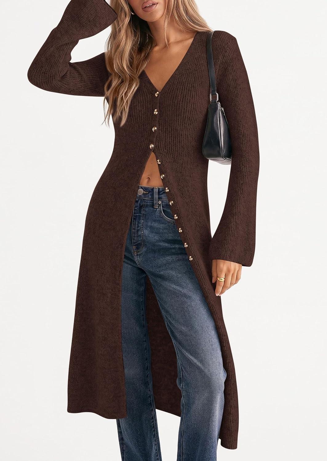 image:imagePRETTYGARDEN Women Long Cardigan Bell Sleeve Sweater DressBrown