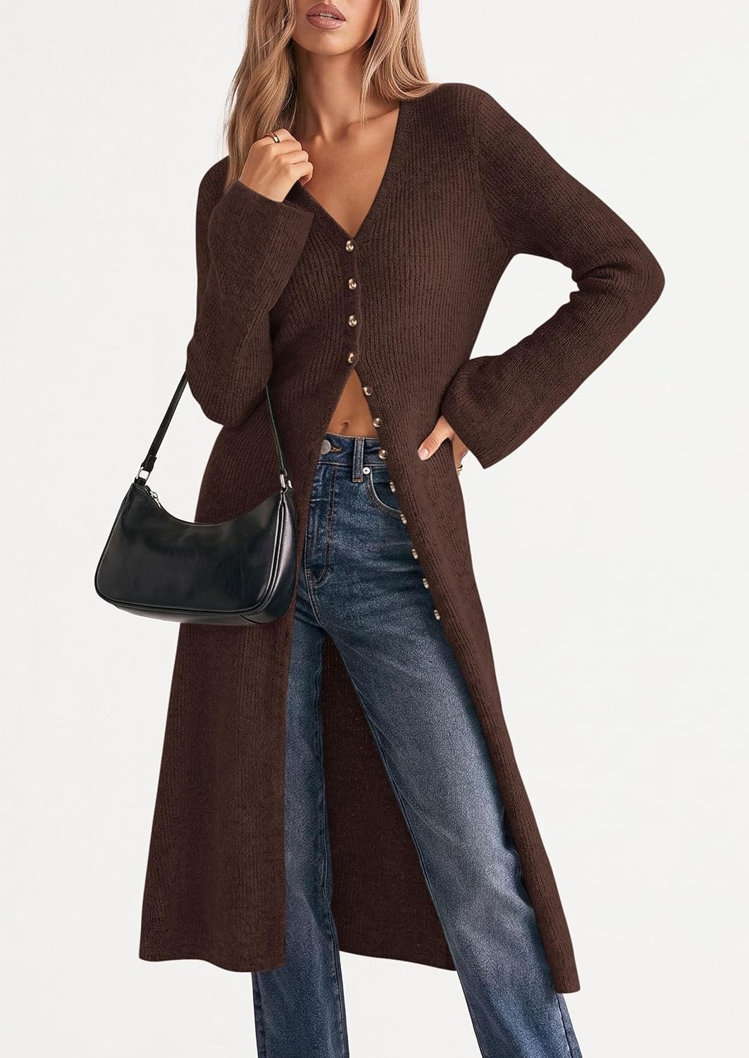 image:imagePRETTYGARDEN Women Long Cardigan Bell Sleeve Sweater DressBrown