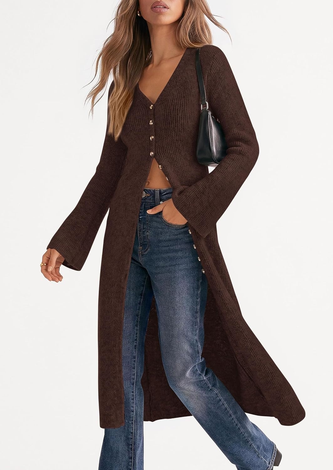image:imagePRETTYGARDEN Women Long Cardigan Bell Sleeve Sweater DressBrown